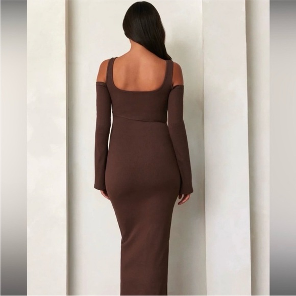 Bumpsuit The Sculpting Rib Long Sleeve Cut-Out Brown Maxi Dress M - Picture 5 of 12